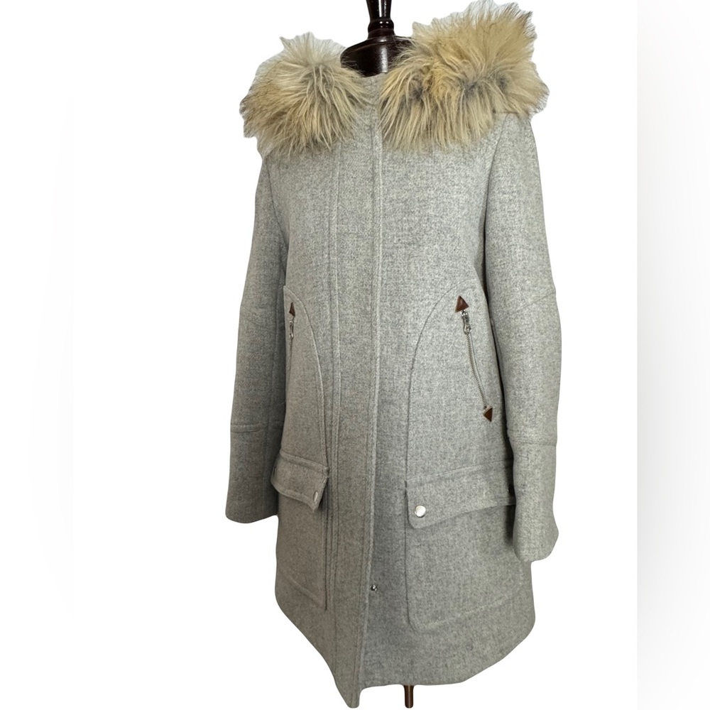 J. Crew Gray Wool-Blend Pea Coat with Tan Faux Fur Hood